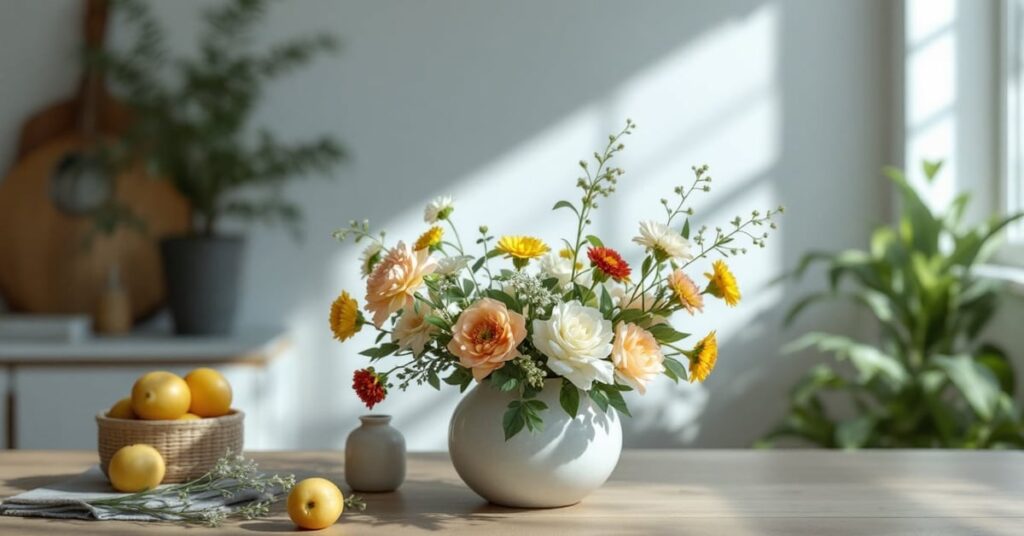 Femme créant une composition florale maison sur table en bois avec fleurs fraîches et outils de fleuriste