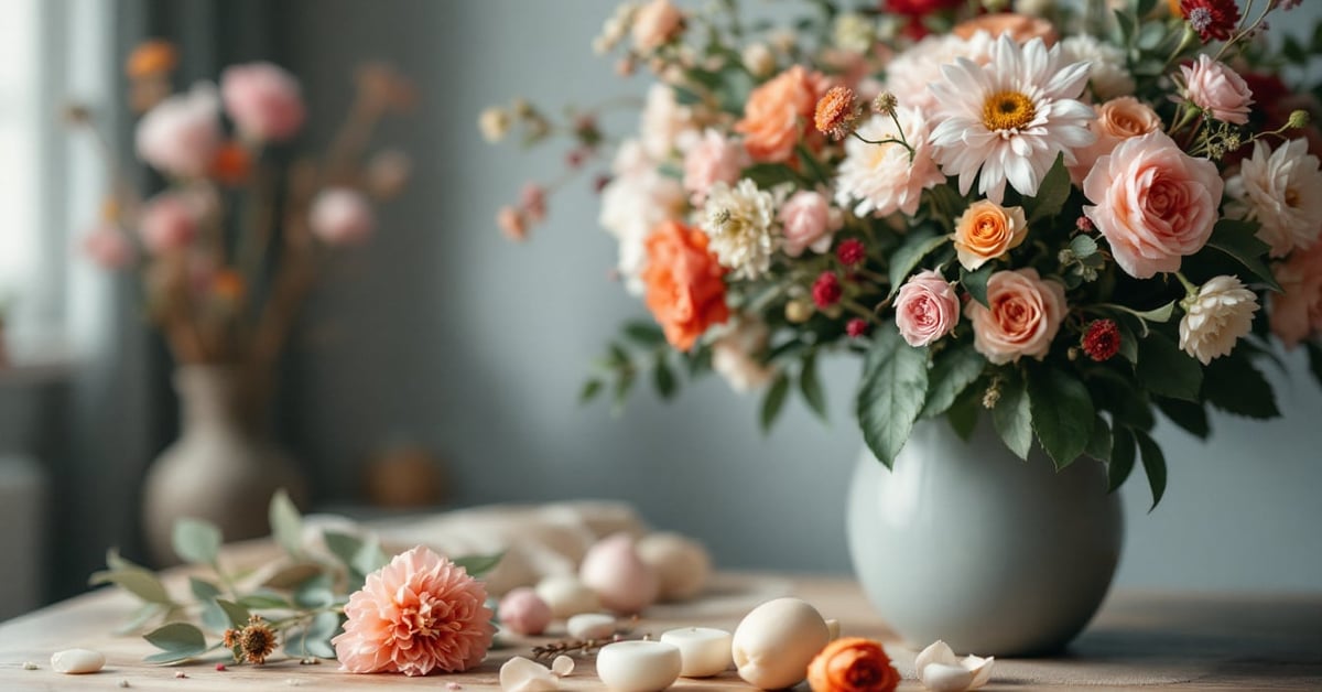 Mains arrangeant des fleurs fraîches pour une composition florale maison sur une table lumineuse