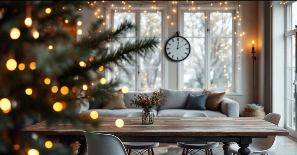 Décoration Noël intérieure moderne avec lumières douces et ornements élégants dans un salon chaleureux