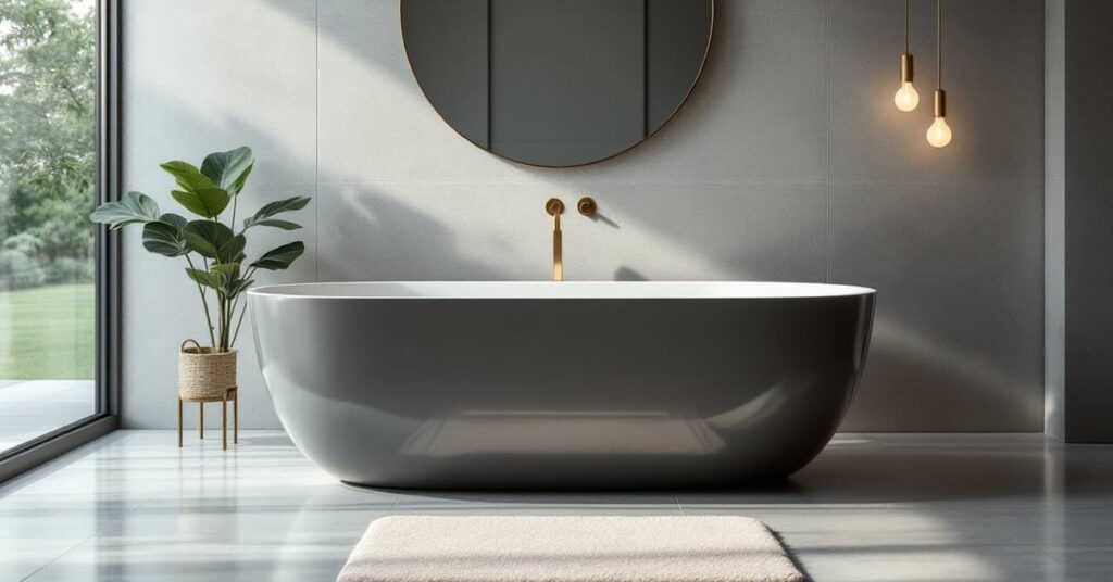 Tapis de bain antidérapant moderne posé sur le sol d'une salle de bain claire et épurée