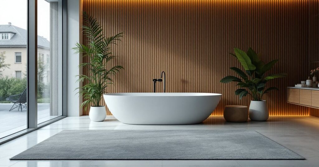 Tapis de bain diatomite gris posé sur le sol d'une salle de bain moderne et lumineuse