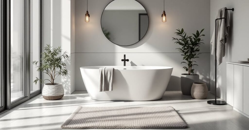 Tapis pour salle de bain moelleux et moderne posé sur carrelage blanc dans une salle de bain épurée