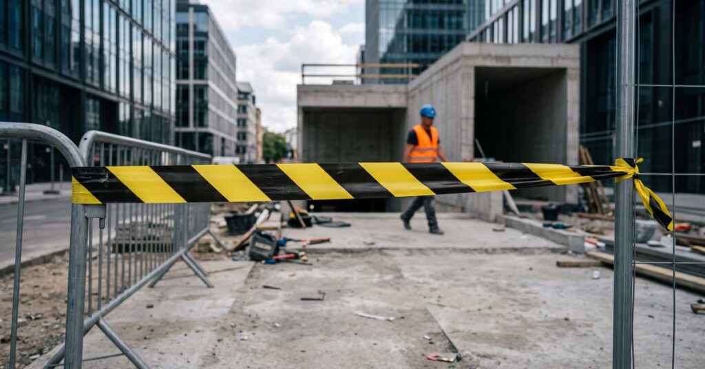 Bandes jaunes et noires sur un sol industriel signalisant une zone de danger