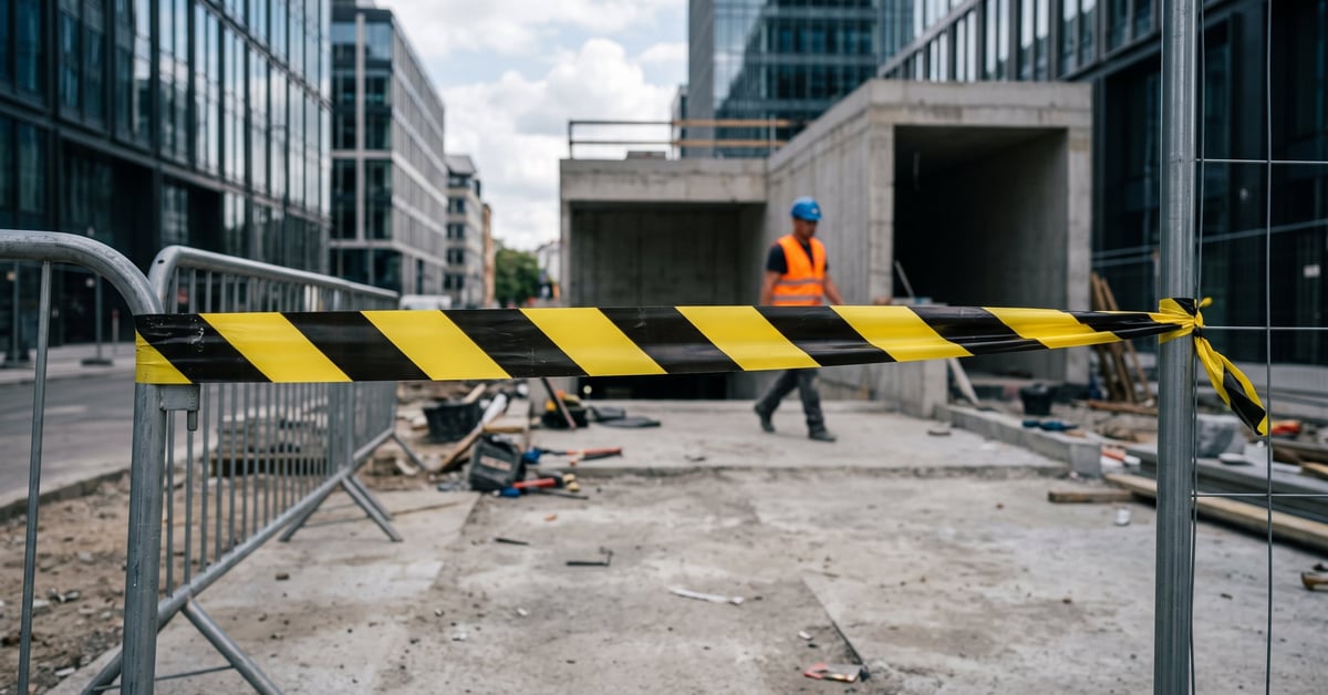 Bandes jaunes et noires sur un sol industriel signalisant une zone de danger