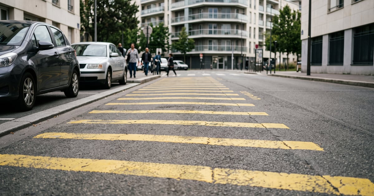 Bandes jaunes peintes au sol le long d'un trottoir urbain interdisant le stationnement