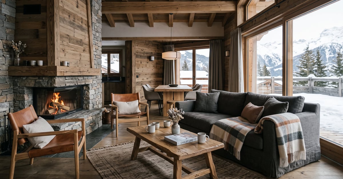 Décoration intérieure chalet avec bois brut, textiles chaleureux et ambiance montagne authentique