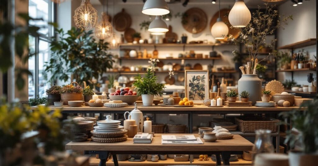 Magasin de décoration intérieure moderne avec mobilier tendance et accessoires design soigneusement exposés