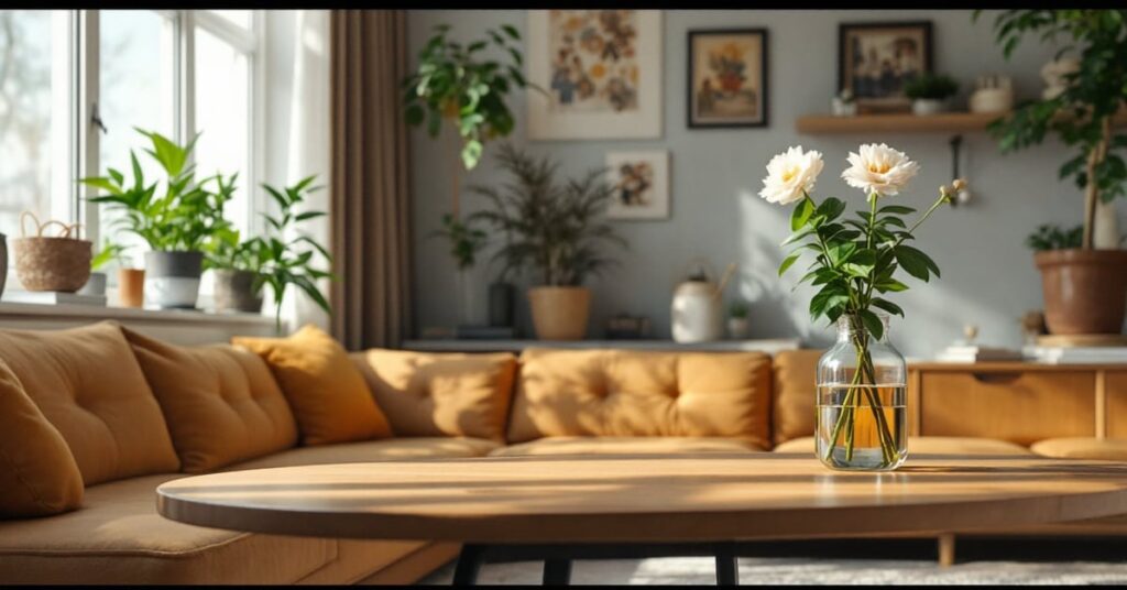 Photos décoration intérieure exposées dans un salon moderne aux lignes épurées