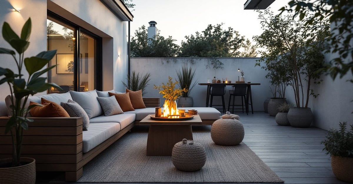 Rénovation terrasse extérieure moderne avec matériaux naturels et finitions contemporaines