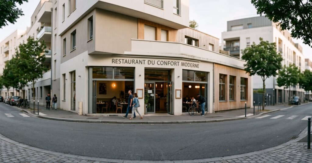 Salle du Restaurant du Confort Moderne, ambiance bistrot chaleureuse avec décor contemporain et éclairage tamisé