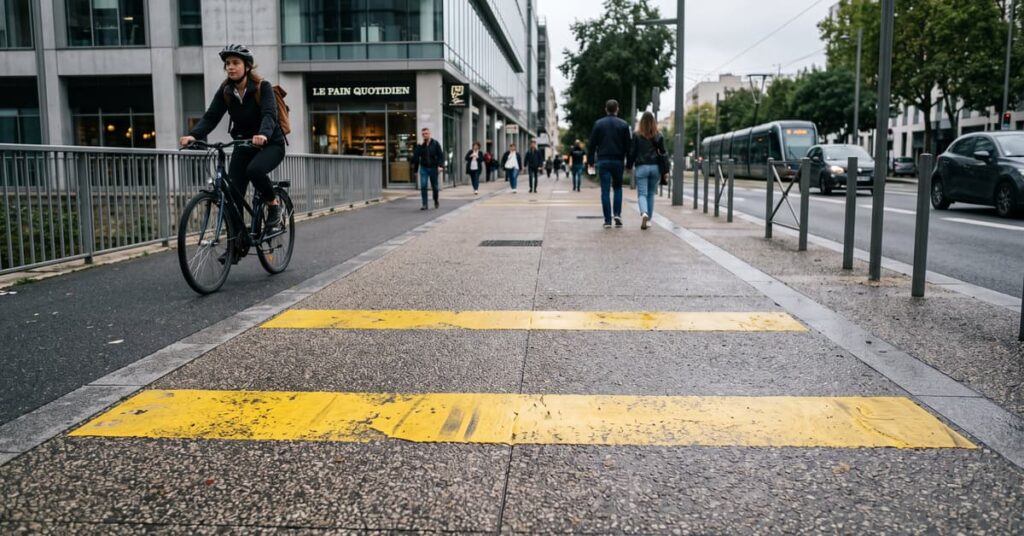 Bandes jaunes sur trottoir en milieu urbain pour signaliser une zone réglementée