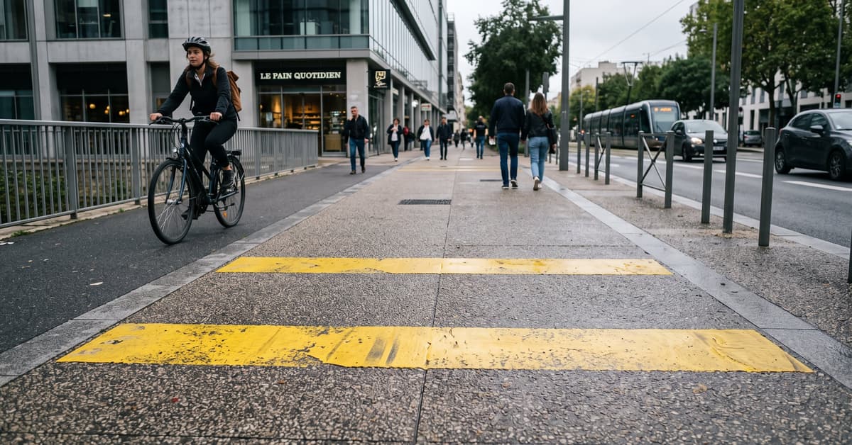 Bandes jaunes sur trottoir en milieu urbain pour signaliser une zone réglementée