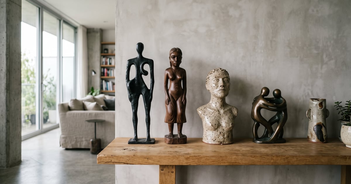 Statues décoration intérieure élégantes posées dans un salon moderne aux tons neutres