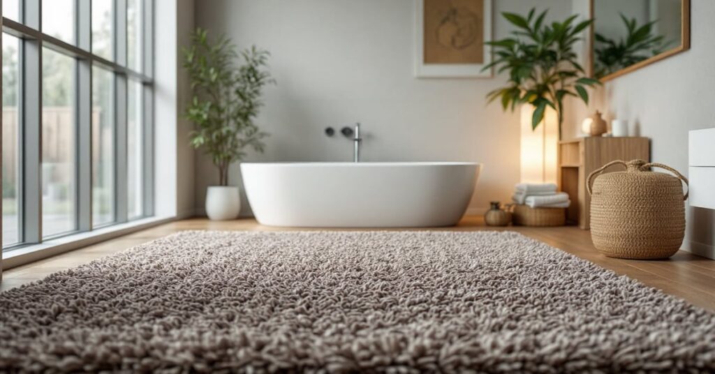 Tapis de salle de bain antidérapant posé sur un carrelage blanc moderne dans une salle de bain épurée