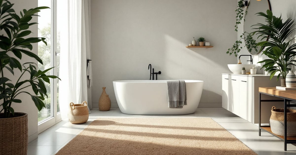 Tapis pour salle de bain IKEA moelleux posé sur carrelage moderne dans une salle de bain épurée